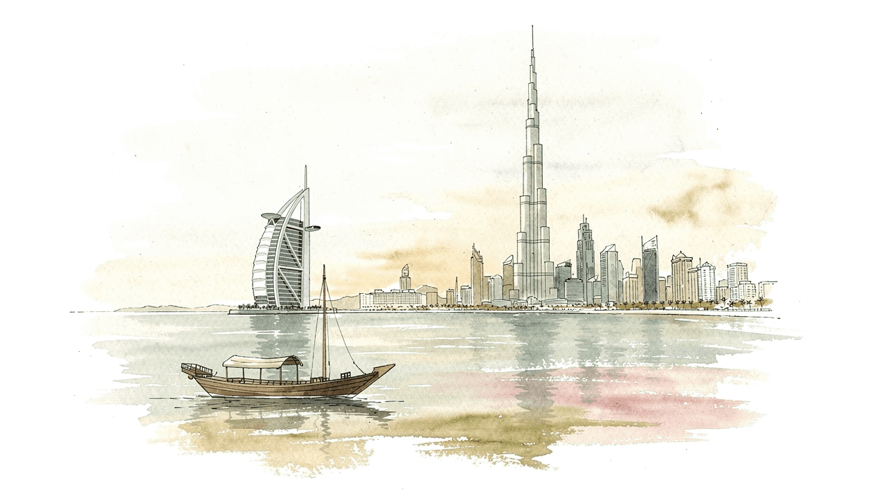 Watercolor painting of Dubai — Burj Khalifa, Burj Al Arab, and a dhow on the gulf