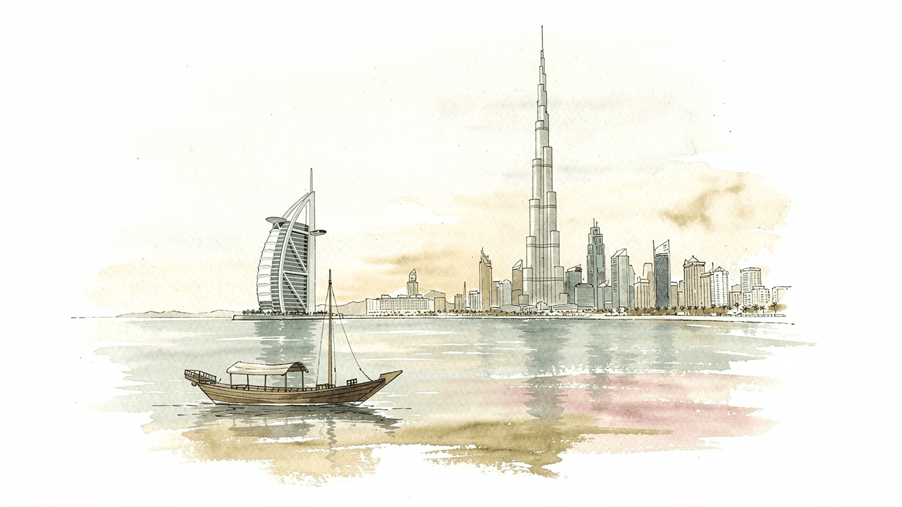 Watercolor painting of Dubai — Burj Khalifa, Burj Al Arab, and a dhow on the gulf
